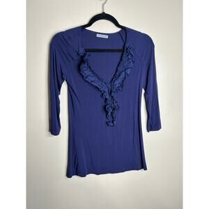 Wyeth Shirt Womens medium M Blue Ruffle V Neck 3/4 Sleeve top